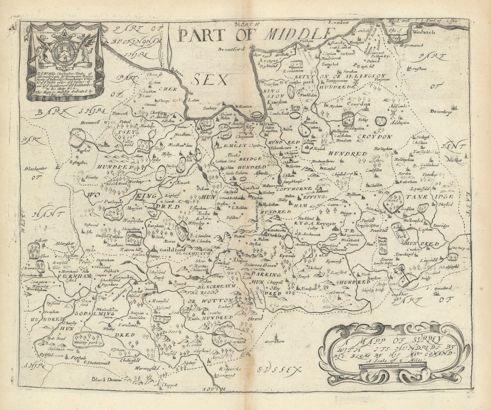 A Mapp of Surrey with its Hundreds by Richard Blome 1673 old antique chart
