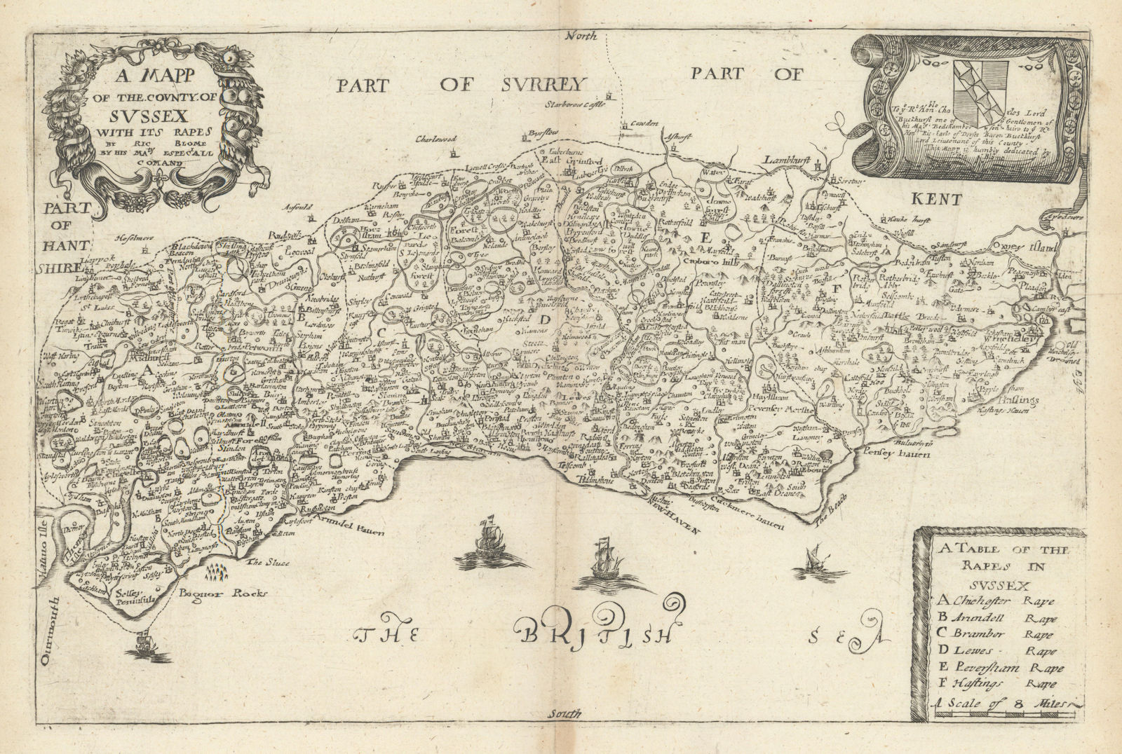 A Mapp of the County of Sussex with its Rapes by Richard Blome 1673 old