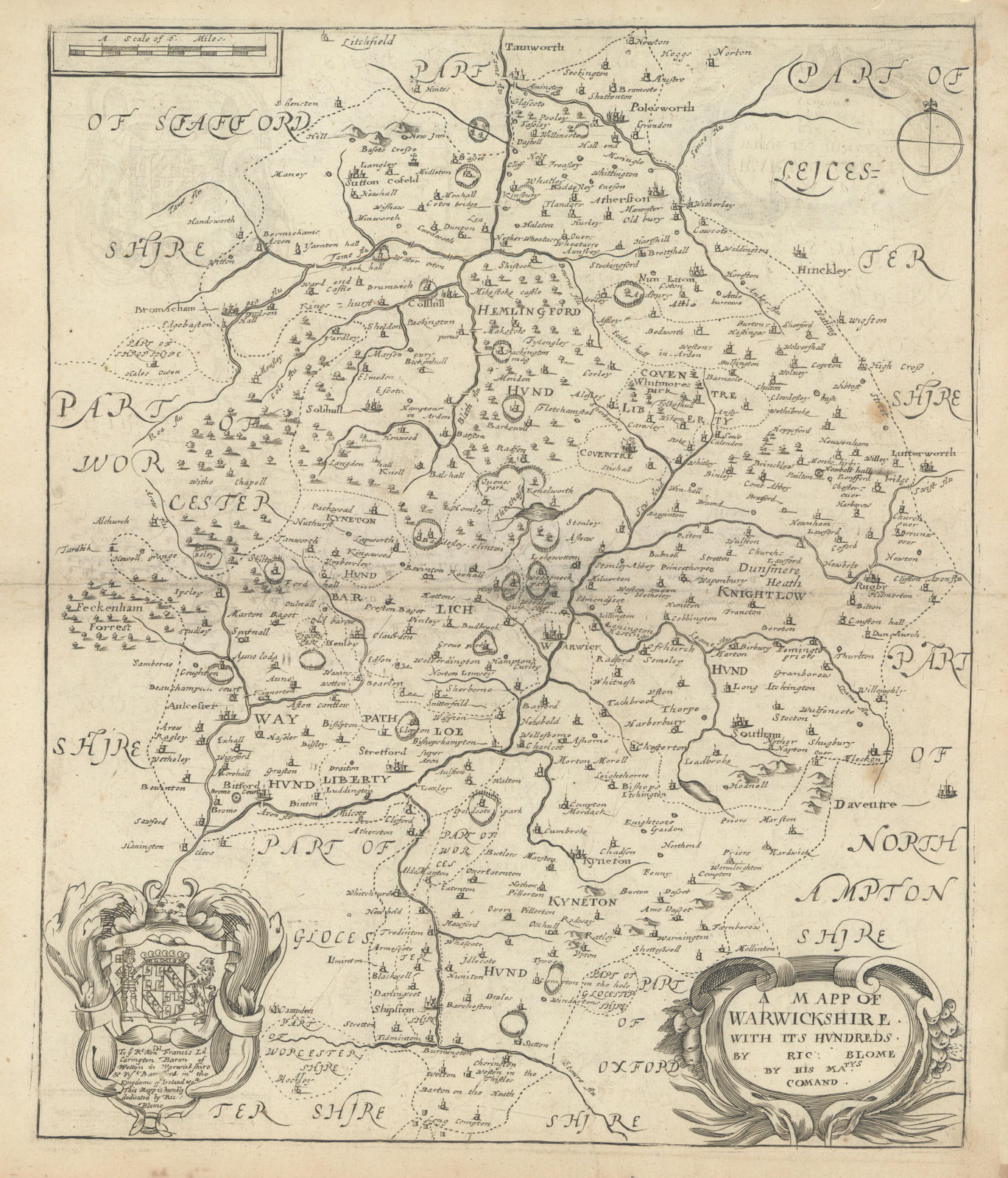 A Mapp of Warwickshire with its Hundreds by Richard Blome 1673 old antique