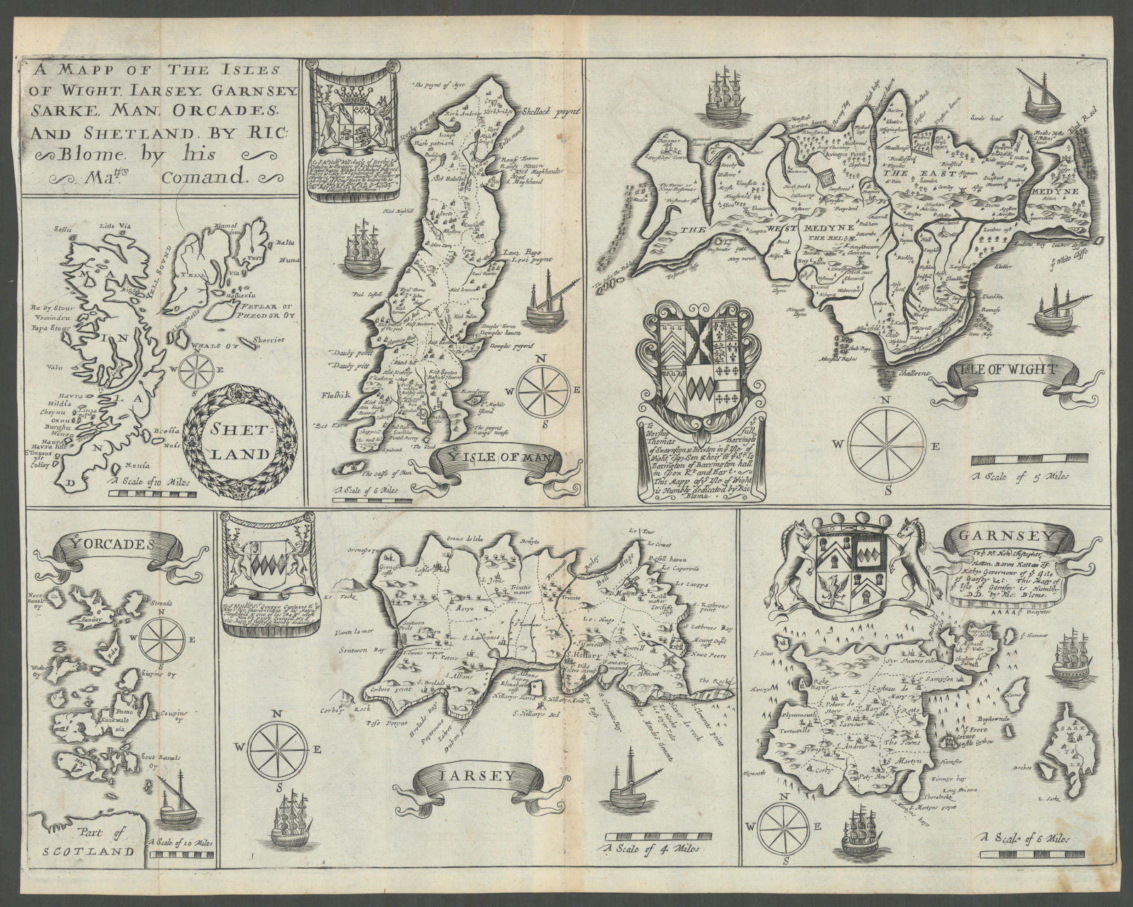 Isles of Wight, Jarsey, Garnsey, Sarke, Man, Orcades & Shetland. BLOME 1673 map