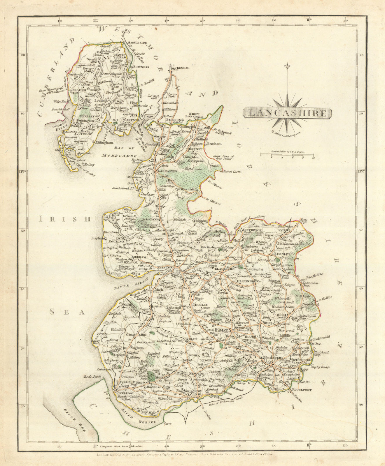 Antique county map of LANCASHIRE by JOHN CARY. Original outline colour 1793
