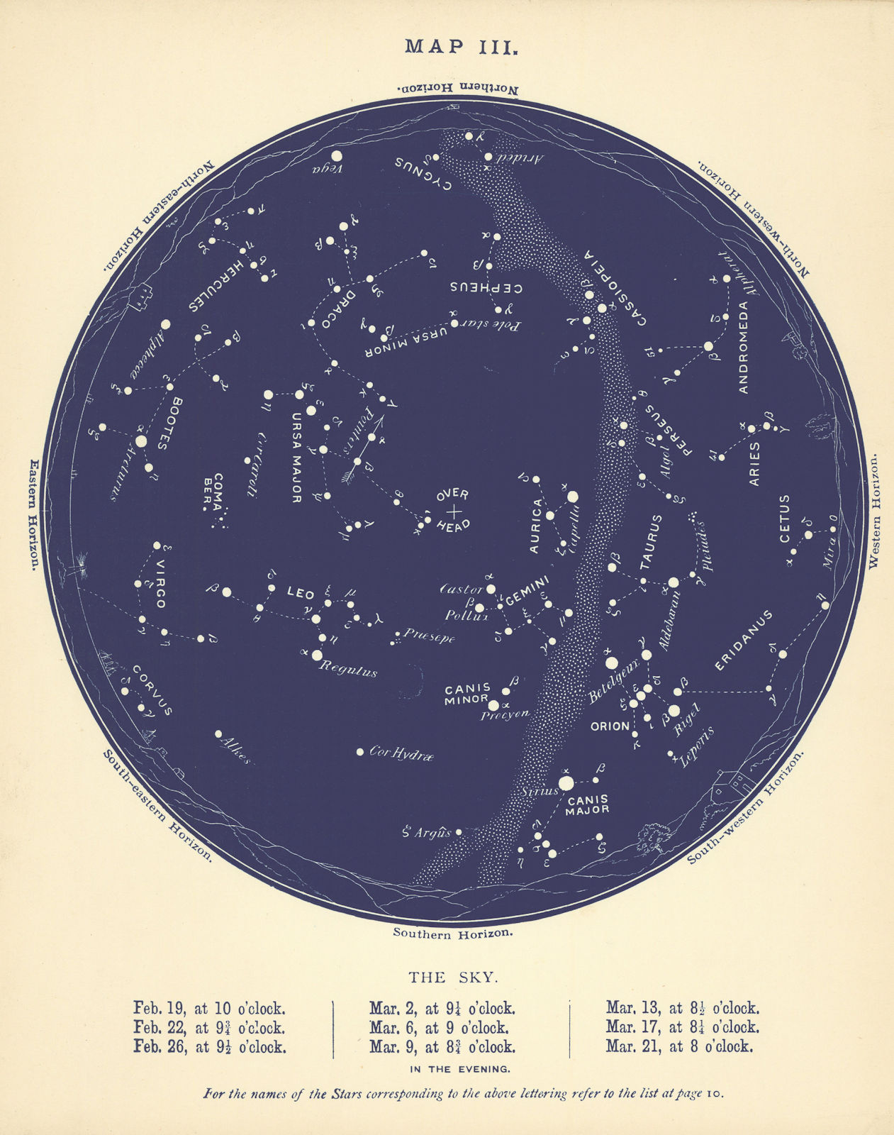 STAR MAP III. The Night Sky. February-March. Astronomy. PROCTOR 1896 old