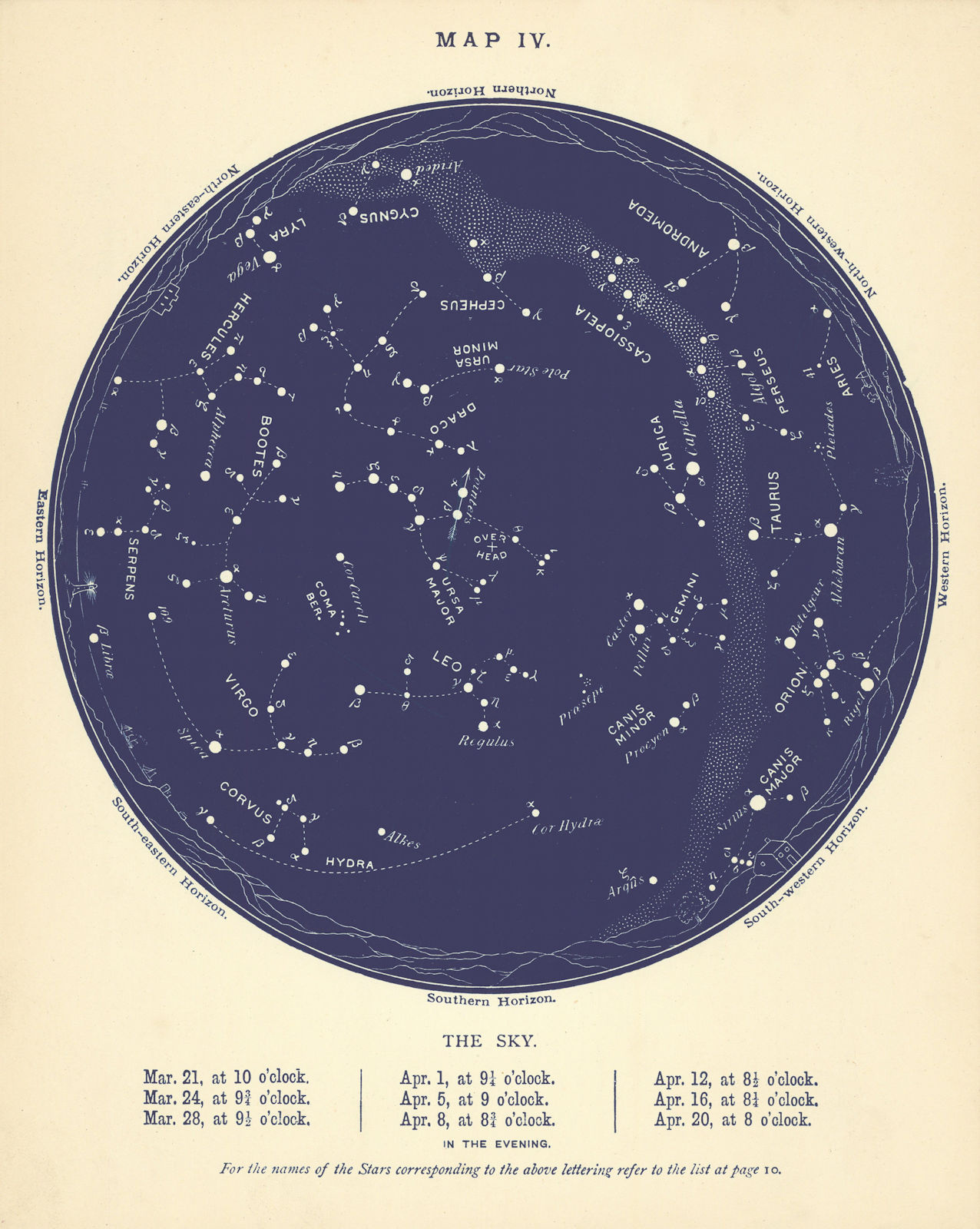 STAR MAP IV. The Night Sky. March-April. Astronomy. PROCTOR 1896 old