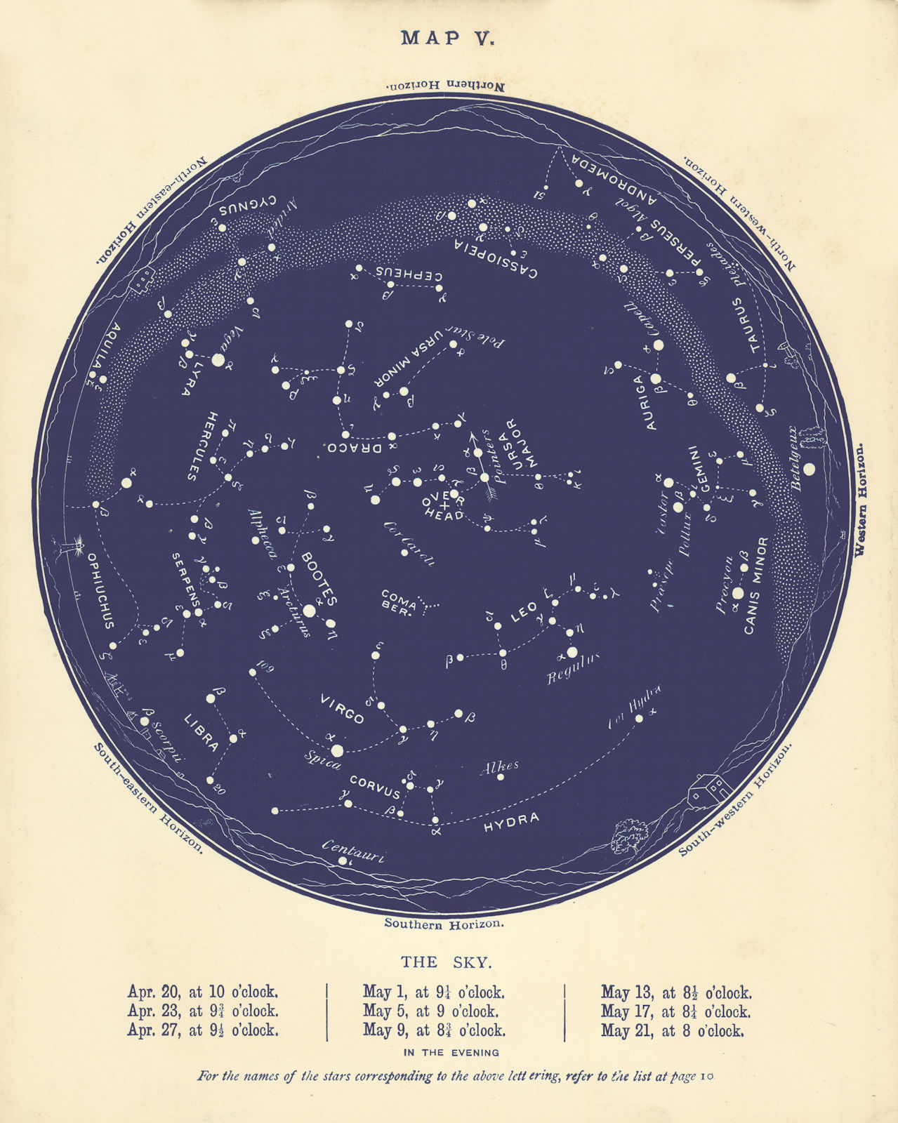 STAR MAP V. The Night Sky. April-May. Astronomy. PROCTOR 1896 old antique