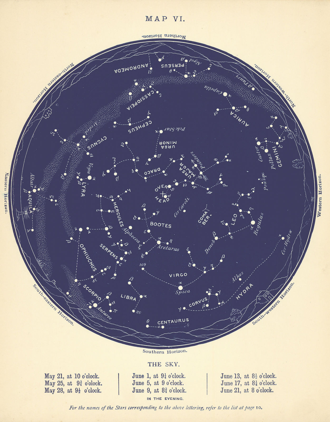 STAR MAP VI. The Night Sky. May-June. Astronomy. PROCTOR 1896 old antique