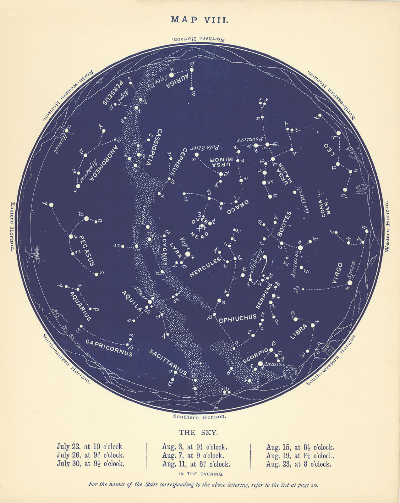 STAR MAP VIII. The Night Sky. July-August. Astronomy. PROCTOR 1896 old