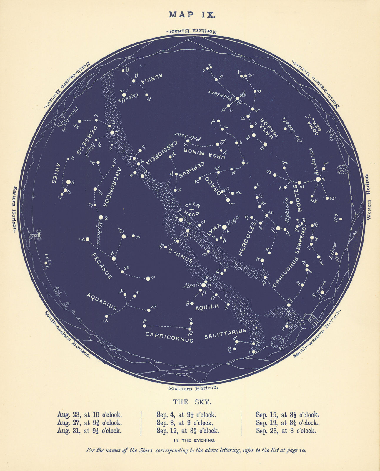 STAR MAP IX. The Night Sky. August-September. Astronomy. PROCTOR 1896 old