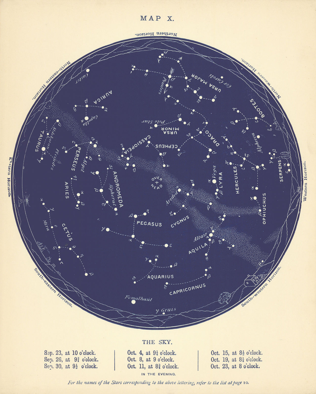 STAR MAP X. The Night Sky. September-October. Astronomy. PROCTOR 1896 old