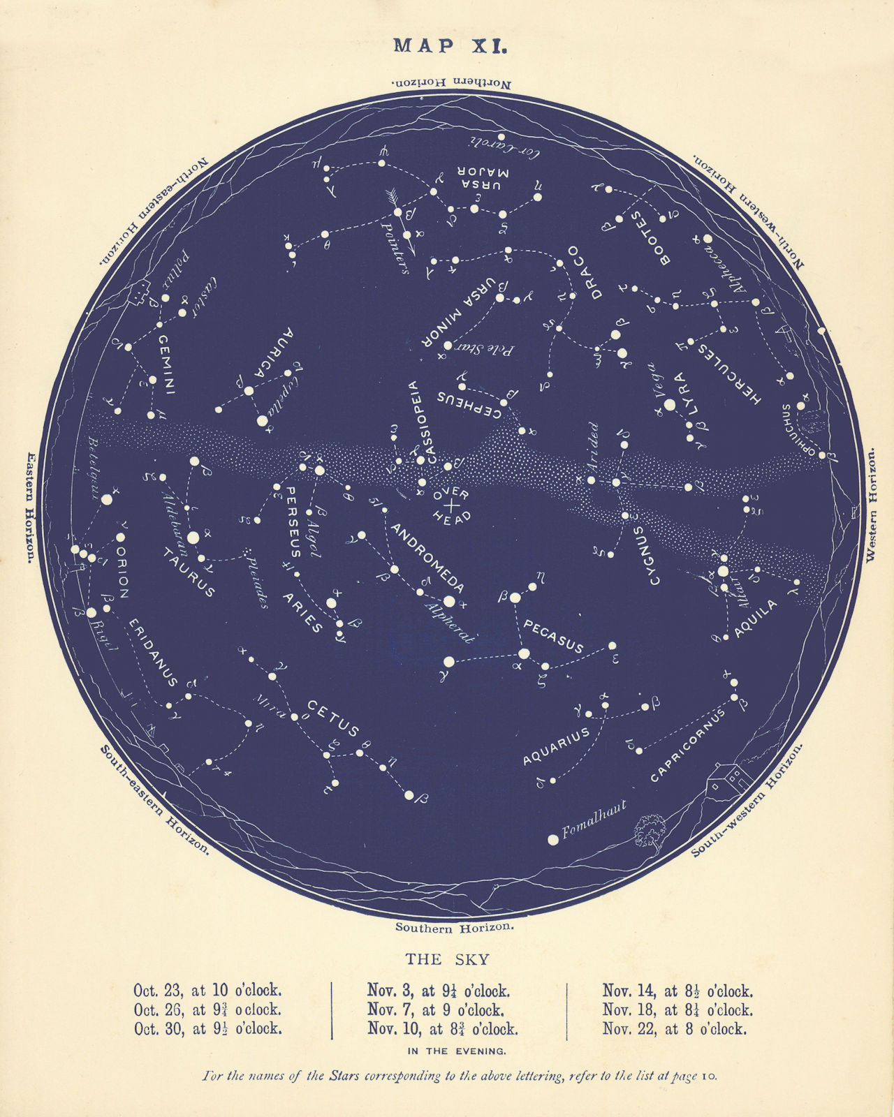 STAR MAP XI. The Night Sky. October-November. Astronomy. PROCTOR 1896 old