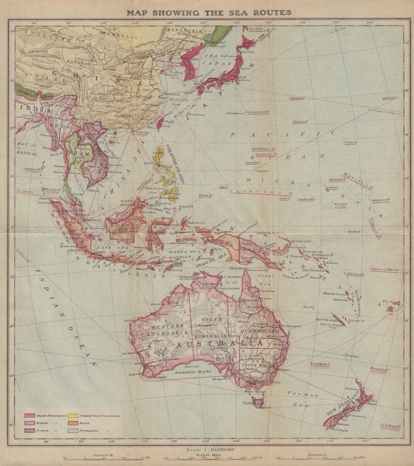 East Asia, East Indies & Australasia sea & shipping routes 1917 old map