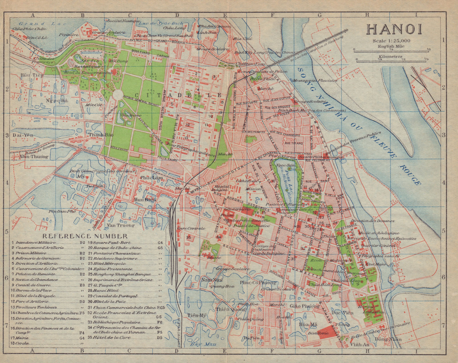 Hanoi antique town city plan. Vietnam 1917 old vintage map chart