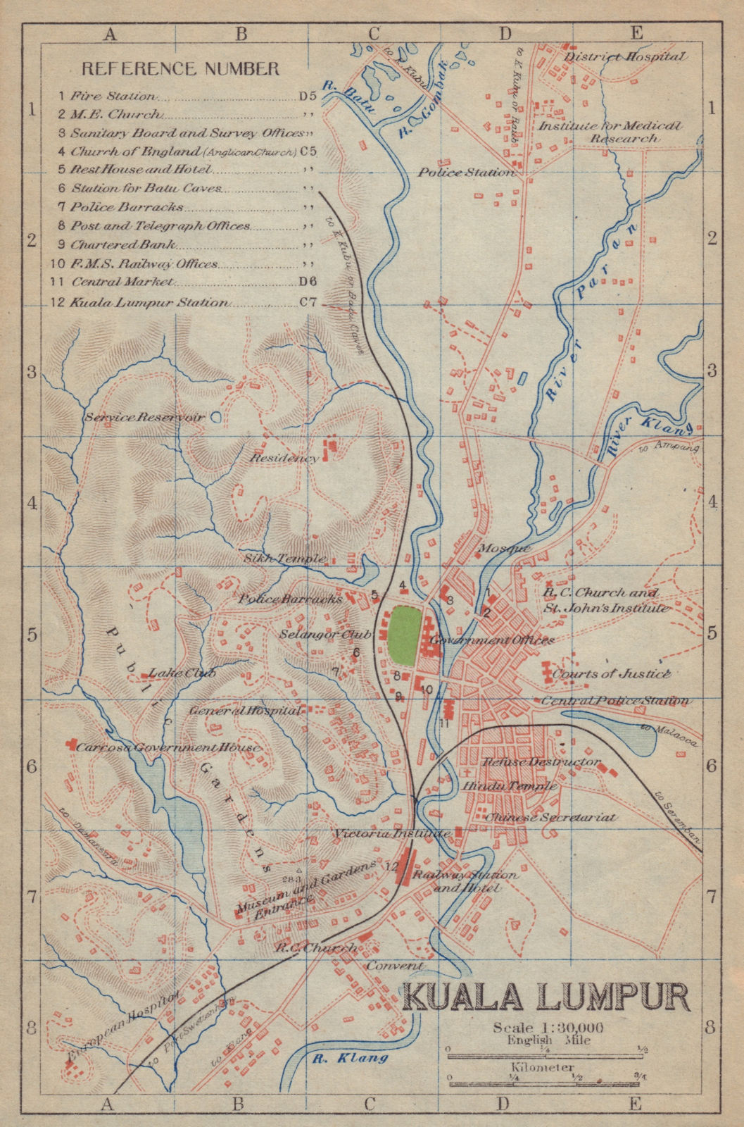 Kuala Lumpur antique town city plan. Malaysia 1917 old map chart