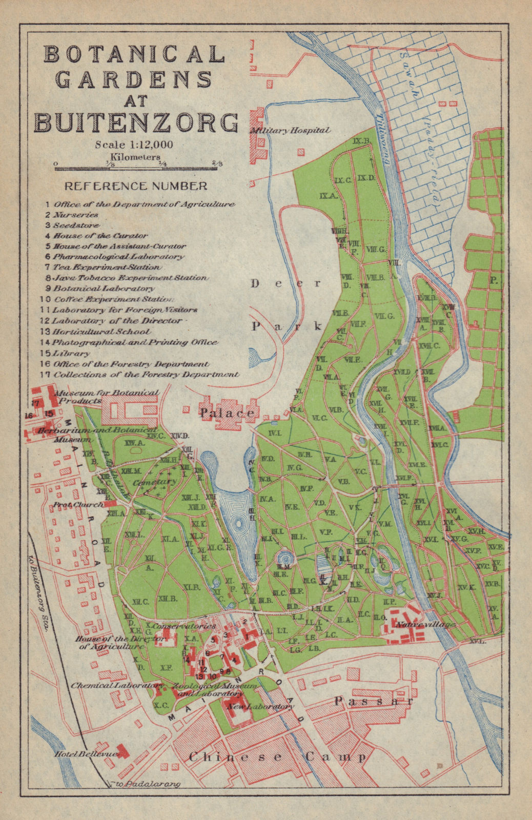 Associate Product Bogor, West Java. "Botanical Gardens at Buitenzorg". Indonesia 1917 old map