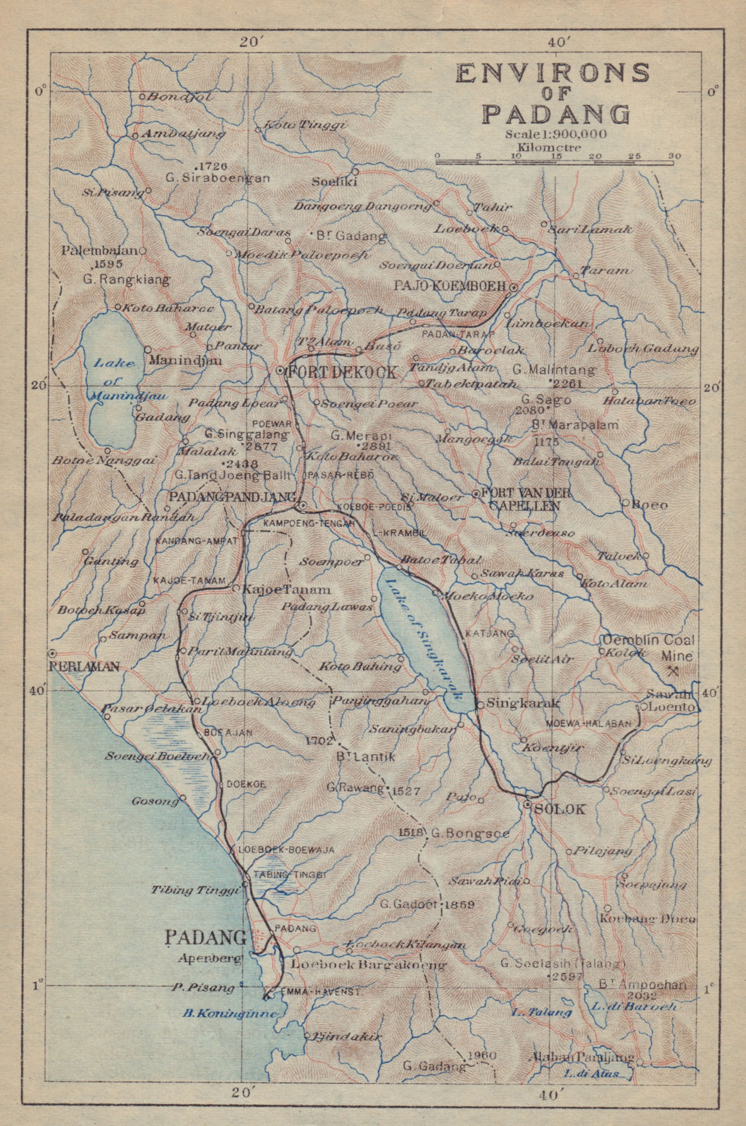 Padang & environs. Mount Marapi. Bukittinggi. Sumatra. Indonesia 1917 old map