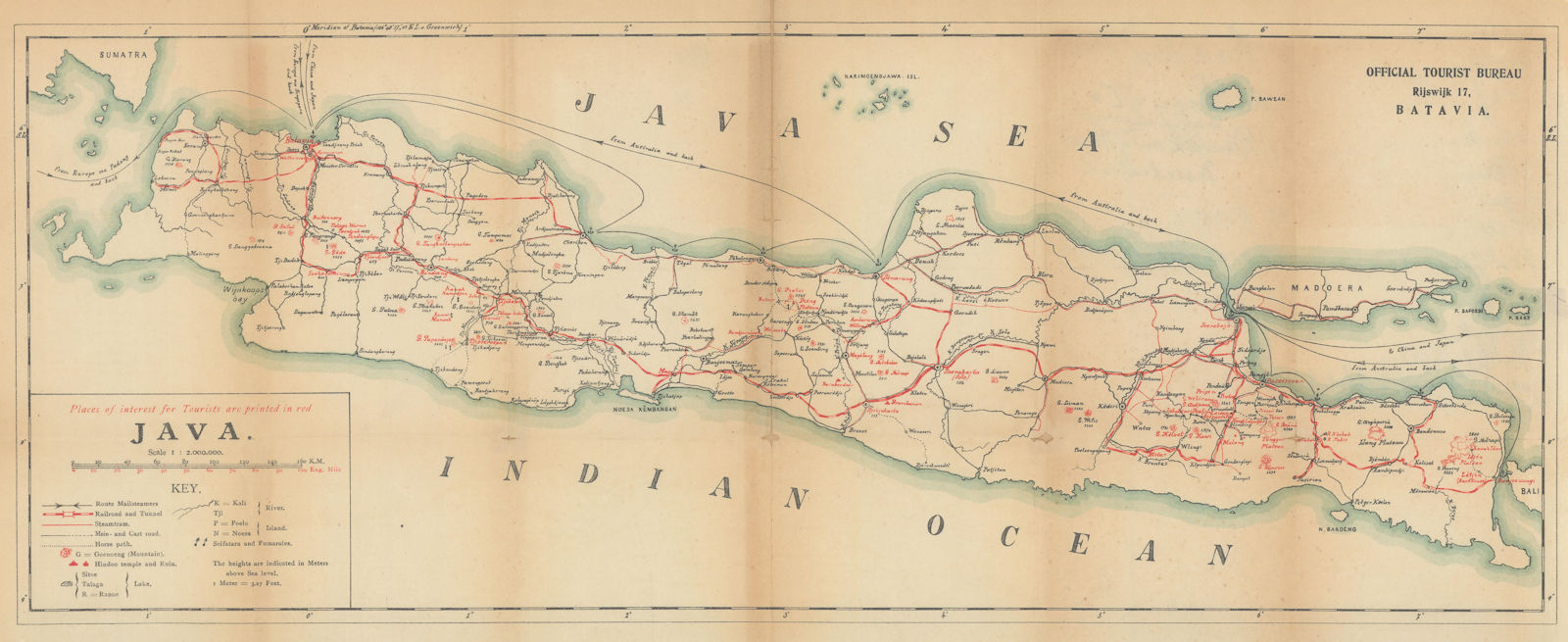Associate Product Java Official Tourist Bureau map. Dutch East Indies. Indonesia c1917 old