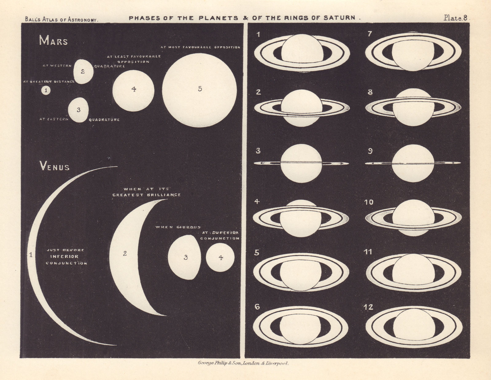 Phases of the Planets & Saturn's rings. Robert Ball. Mars Venus. Astronomy 1892
