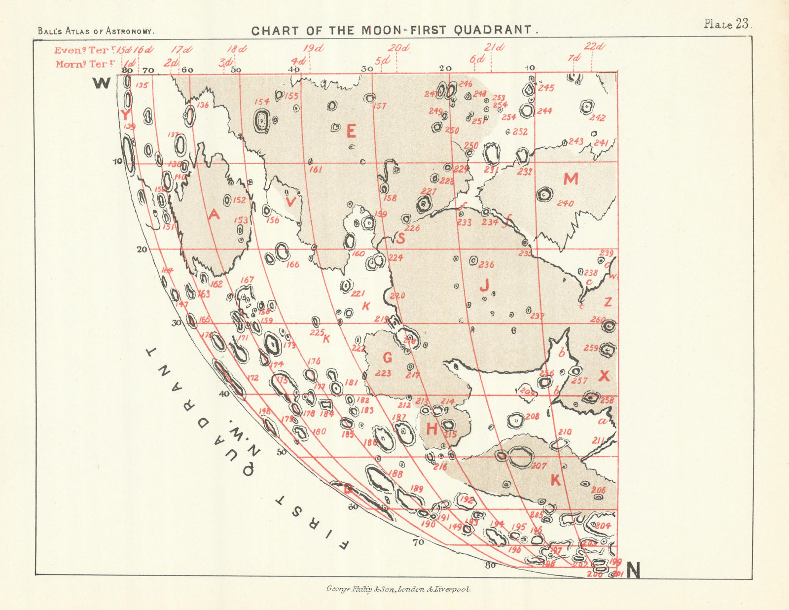 Chart of the Moon 1st Quadrant - North West - by Robert Ball. Astronomy 1892 map