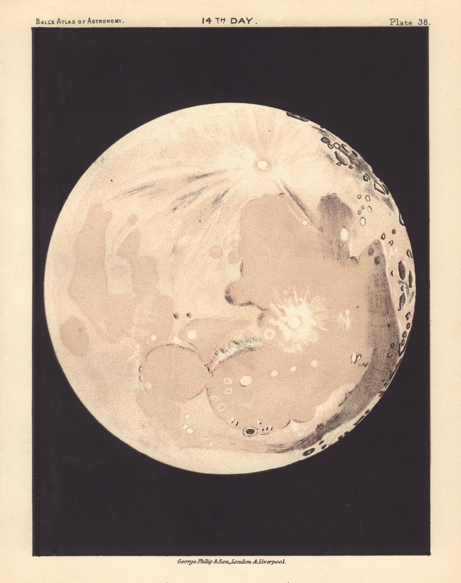 Phases of the Moon - 14th day by Robert Ball. Astronomy 1892 old antique map