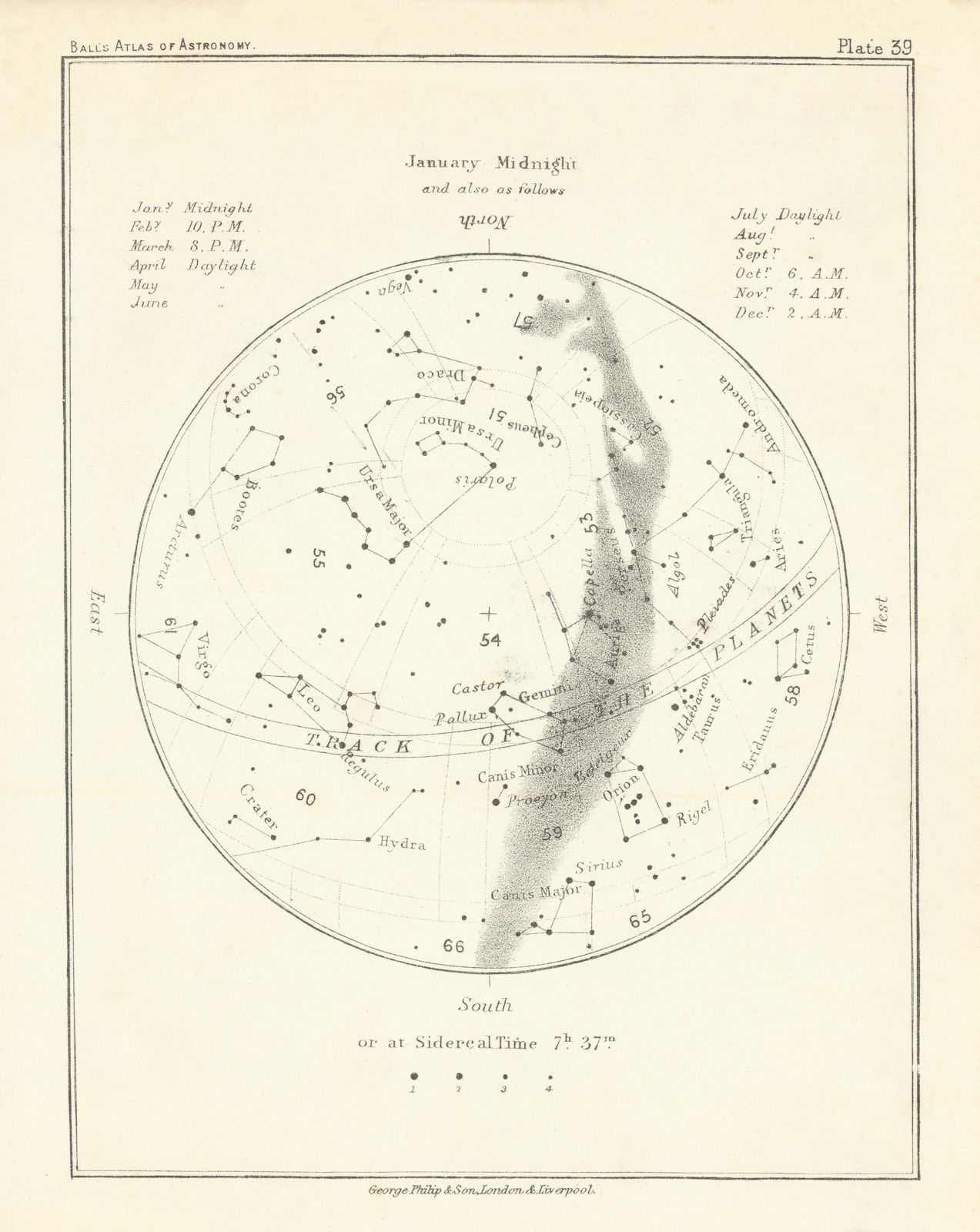 Night Sky Star Chart - January Midnight by Robert Ball. Astronomy 1892 old map