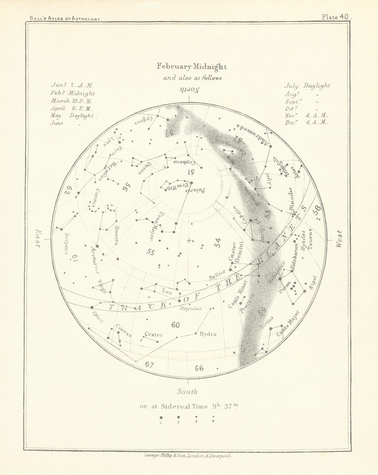 Night Sky Star Chart - February Midnight by Robert Ball. Astronomy 1892 map