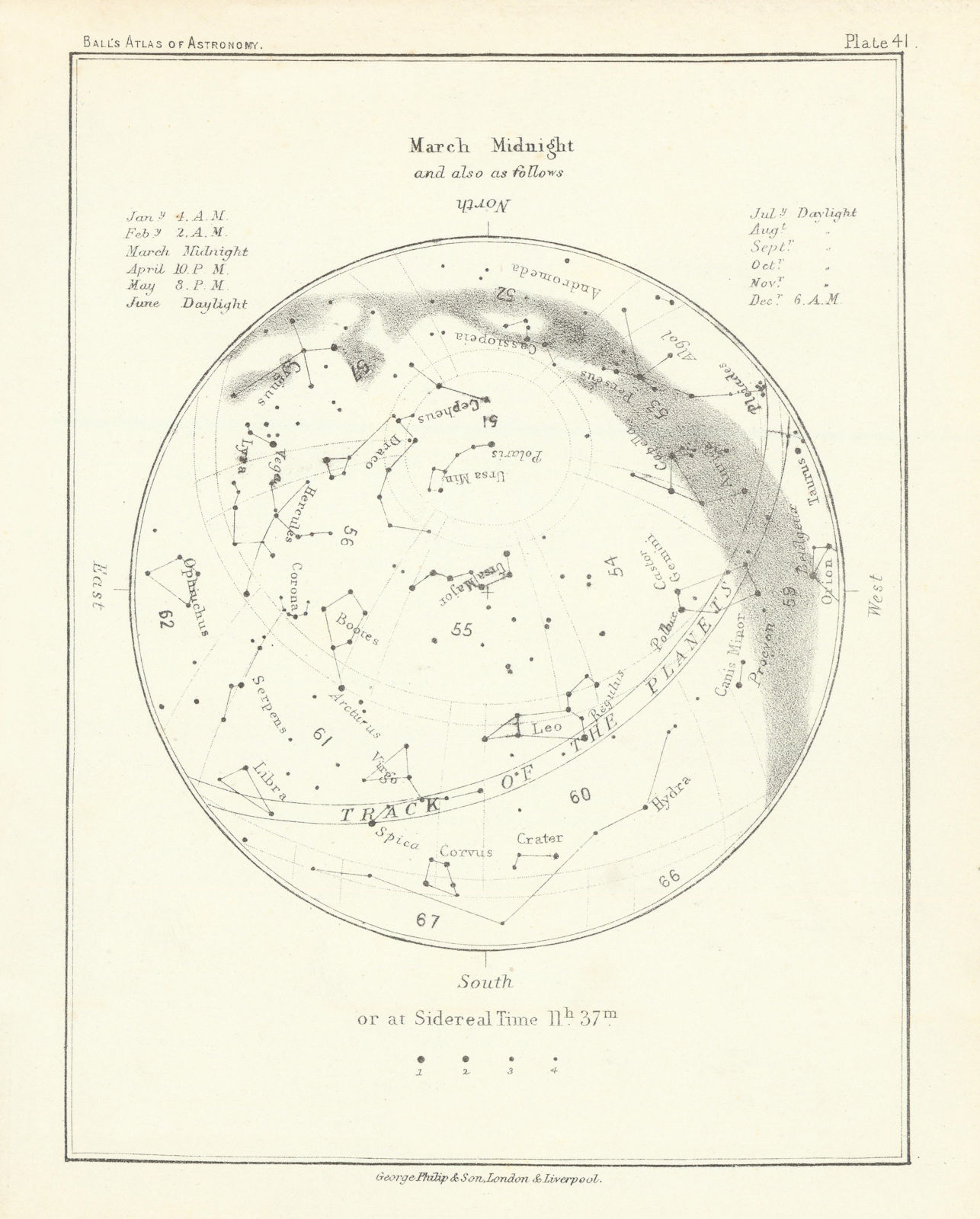 Night Sky Star Chart - March Midnight by Robert Ball. Astronomy 1892 old map