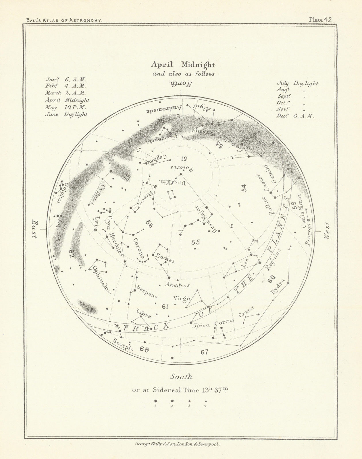 Night Sky Star Chart - April Midnight by Robert Ball. Astronomy 1892 old map