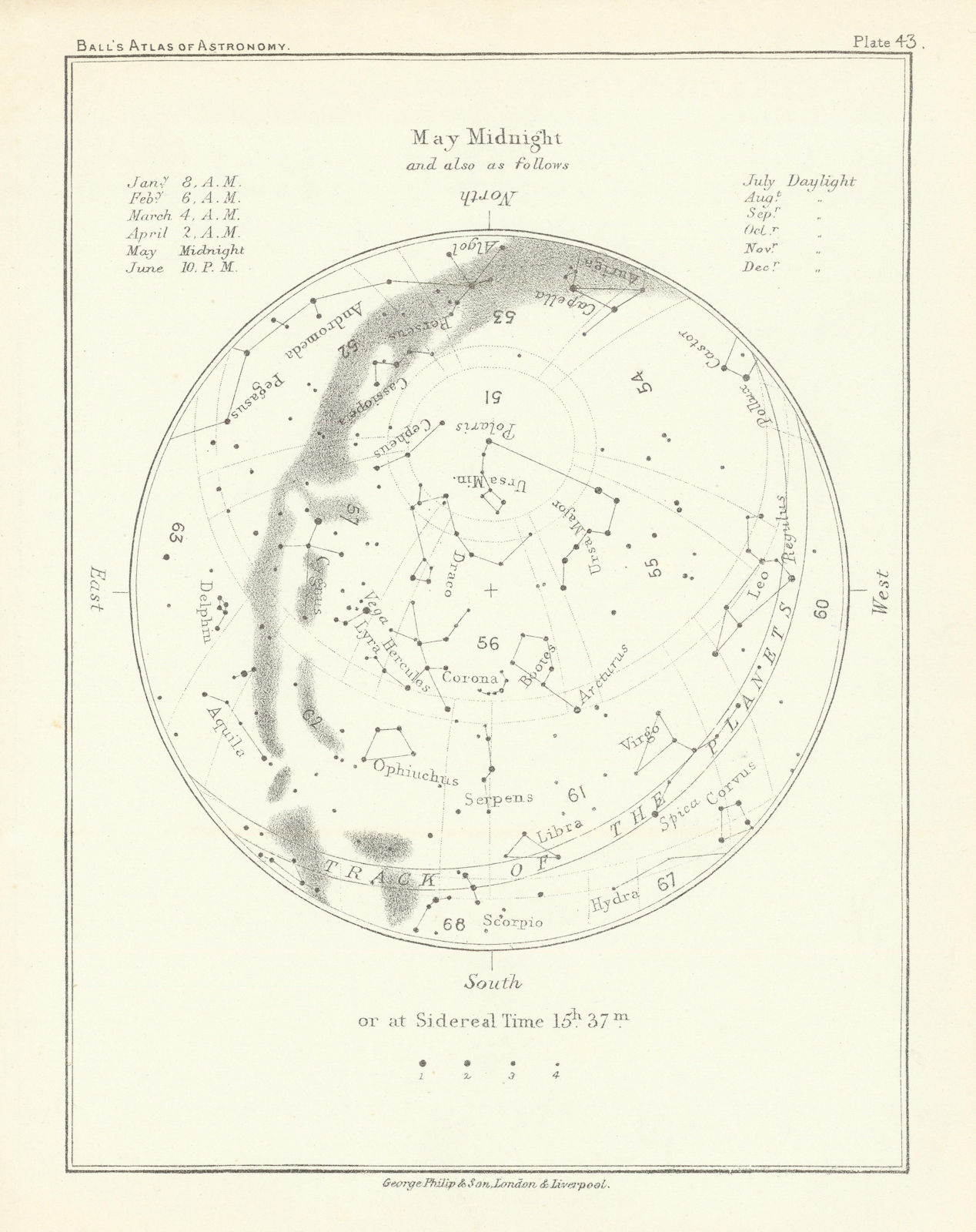 Night Sky Star Chart - May Midnight by Robert Ball. Astronomy 1892 old map
