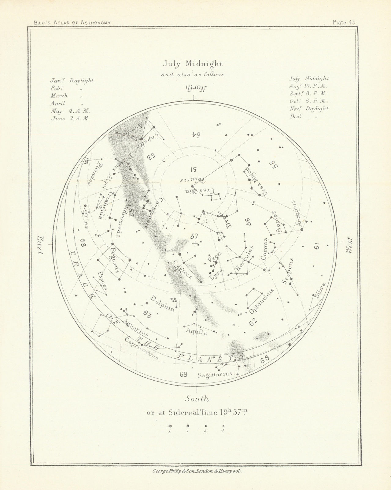 Night Sky Star Chart - July Midnight by Robert Ball. Astronomy 1892 old map