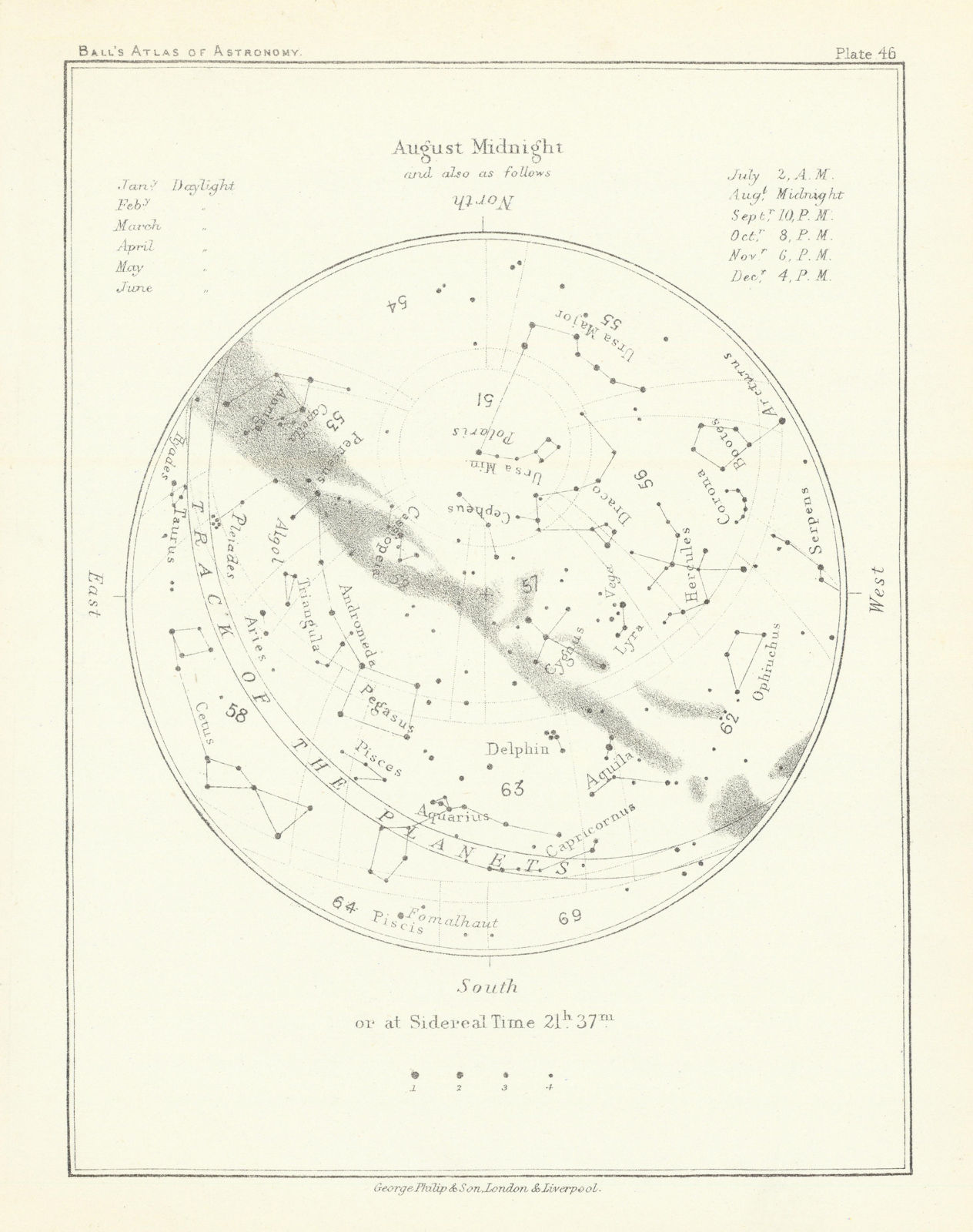 Night Sky Star Chart - August Midnight by Robert Ball. Astronomy 1892 old map