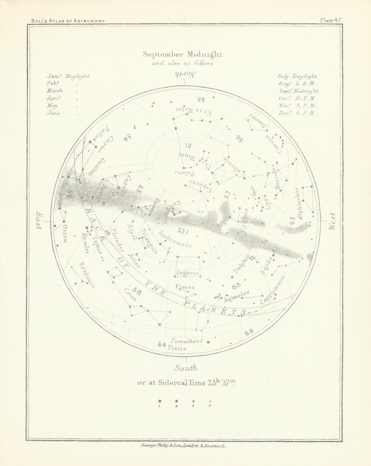 Night Sky Star Chart - September Midnight by Robert Ball. Astronomy 1892 map