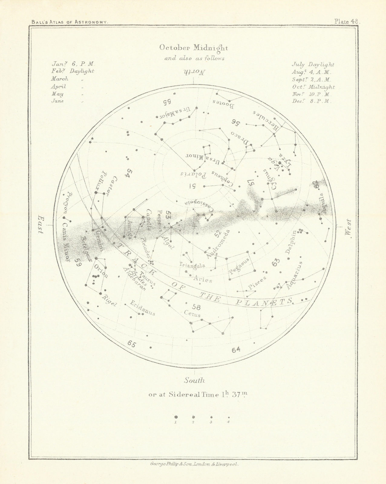 Night Sky Star Chart - October Midnight by Robert Ball. Astronomy 1892 old map