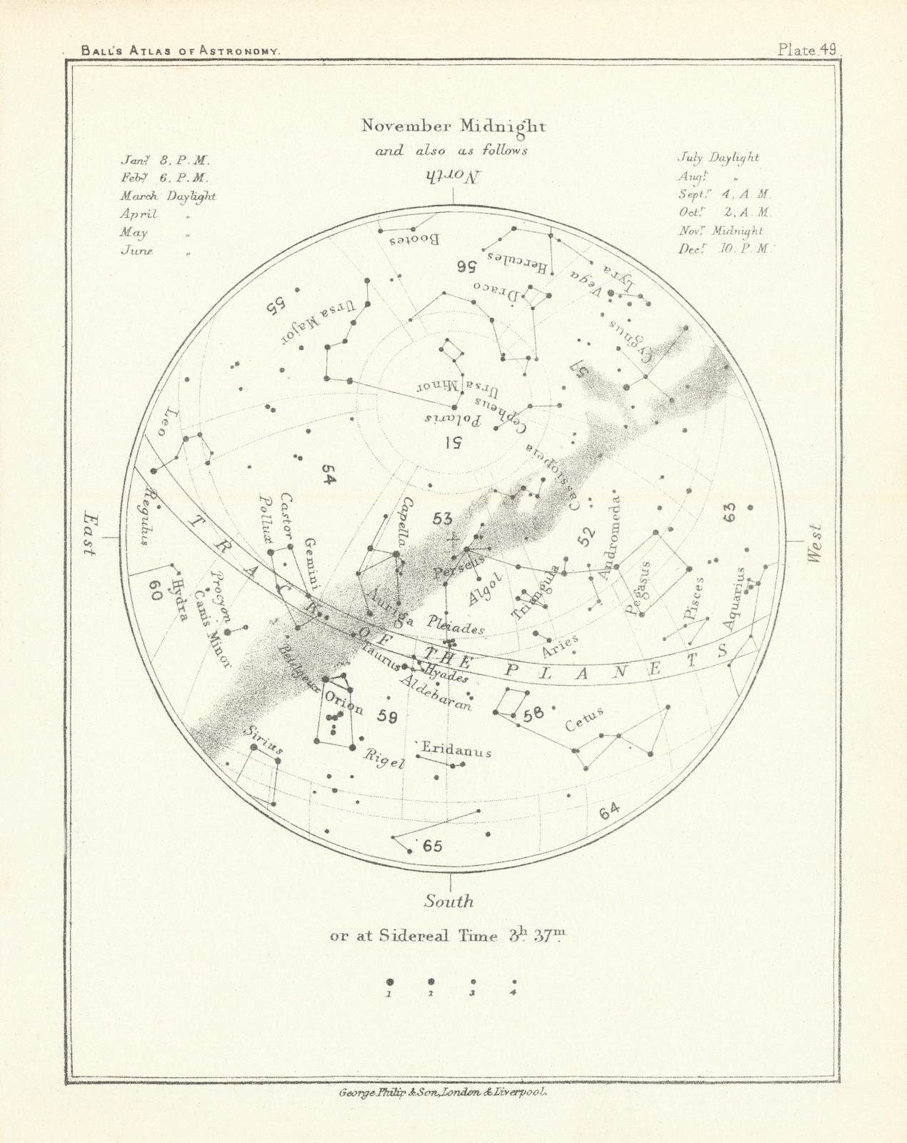 Night Sky Star Chart - November Midnight by Robert Ball. Astronomy 1892 map