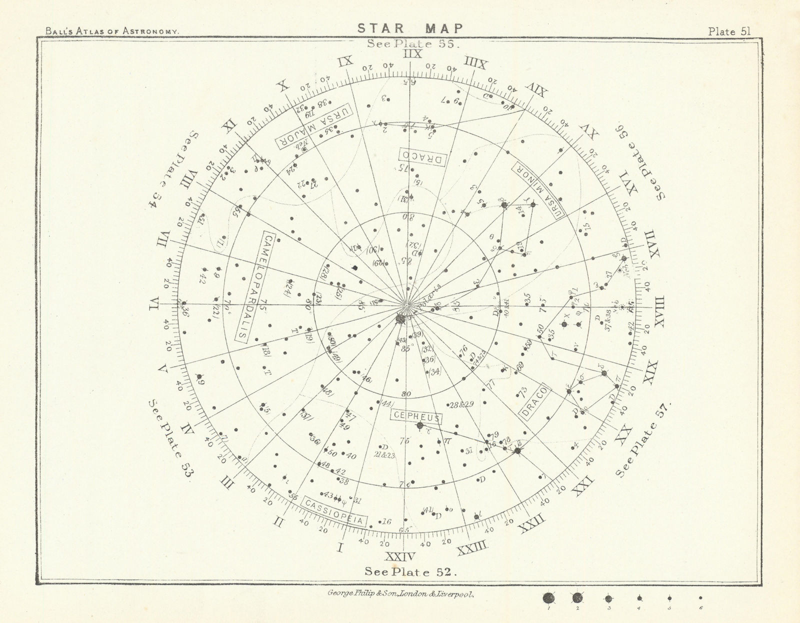 Star map night sky Camelopardalis Cassiopeia Cepheus Draco Ursa Major Minor 1892