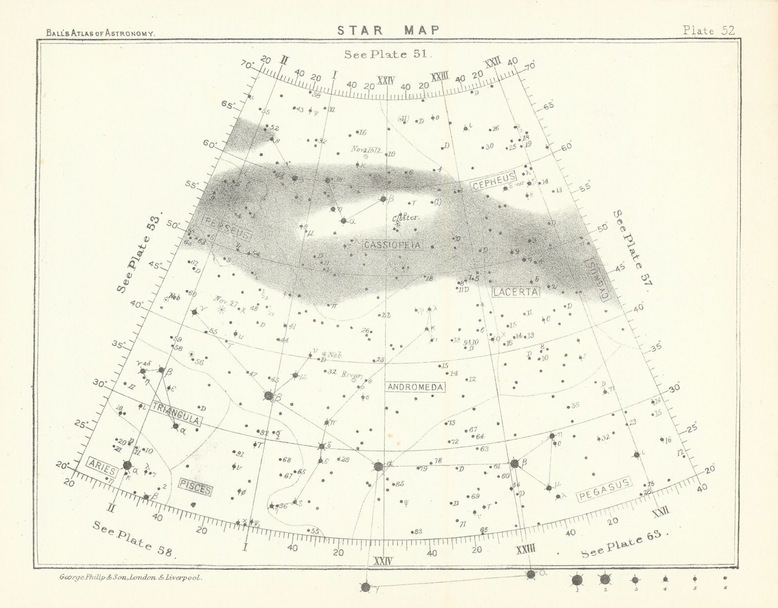Star map night sky Andromeda Aries Cassiopeia Pegasus Perseus Pisces 1892
