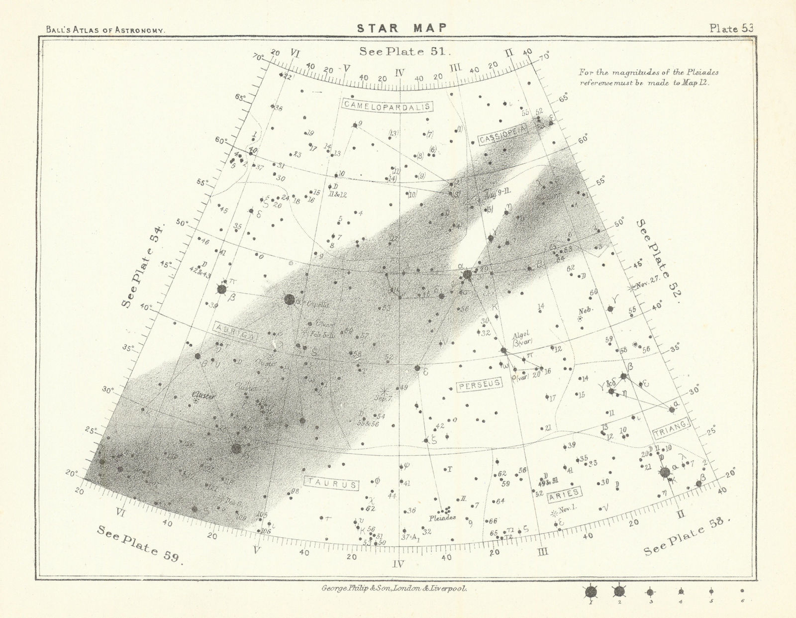 Star map night sky Aries Auriga Cassiopeia Perseus Taurus Triangula 1892