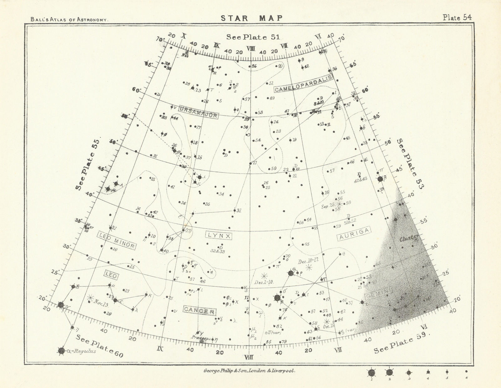 Star map night sky Auriga Camelopardalis Cancer Gemini Leo Minor Lynx Ursa 1892