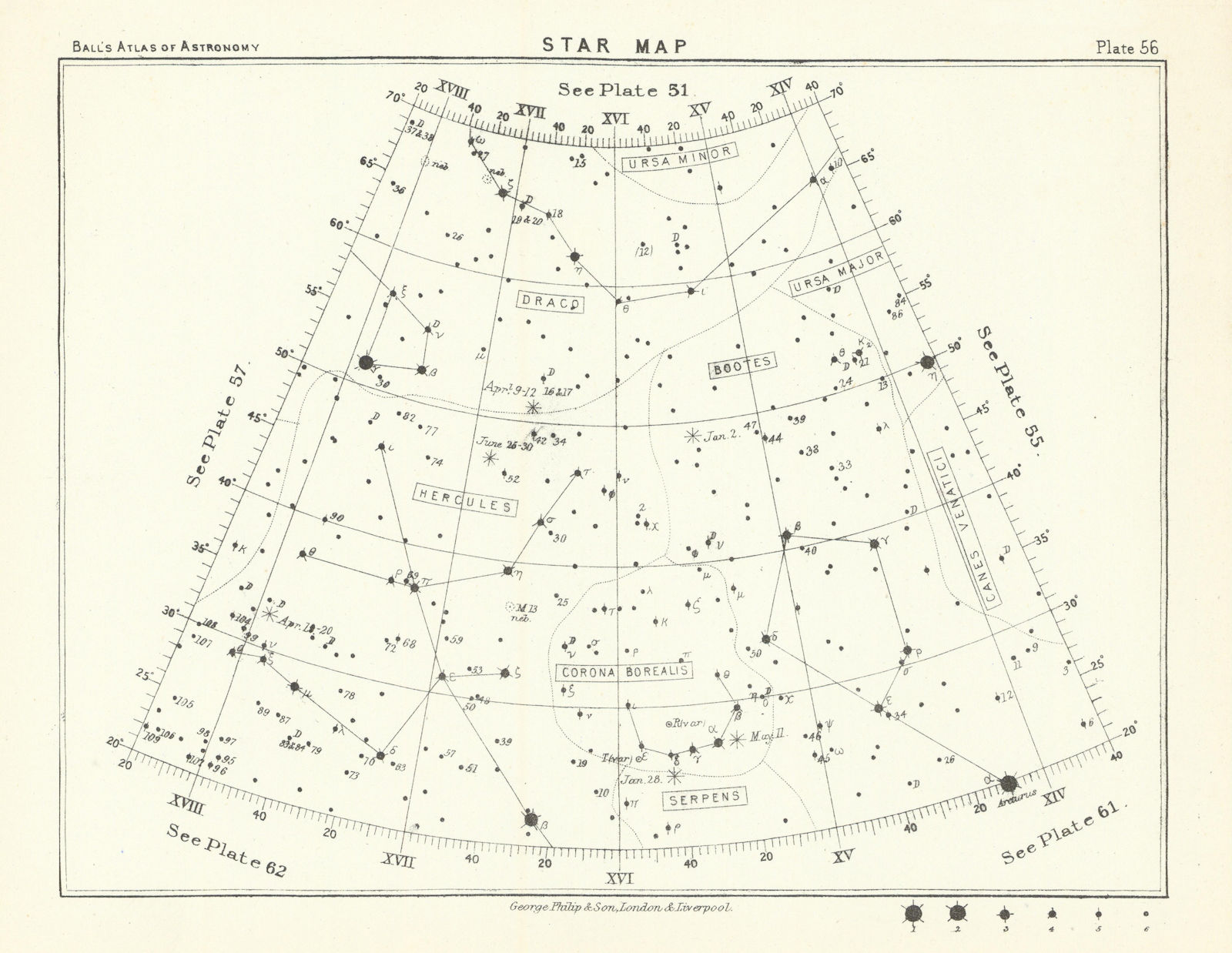 Star map night sky Bootes Canes Venatici Draco Hercules Serpens Ursa 1892