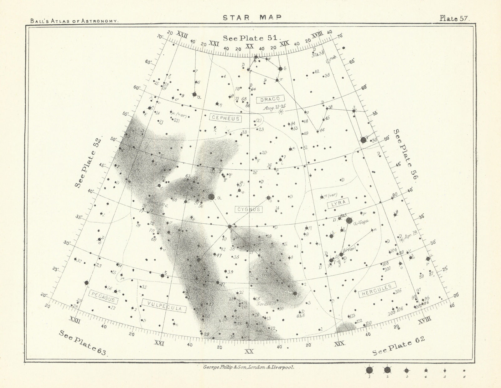 Star map night sky Cepheus Cygnus Draco Hercules Lyra Pegasus Vulpecula 1892