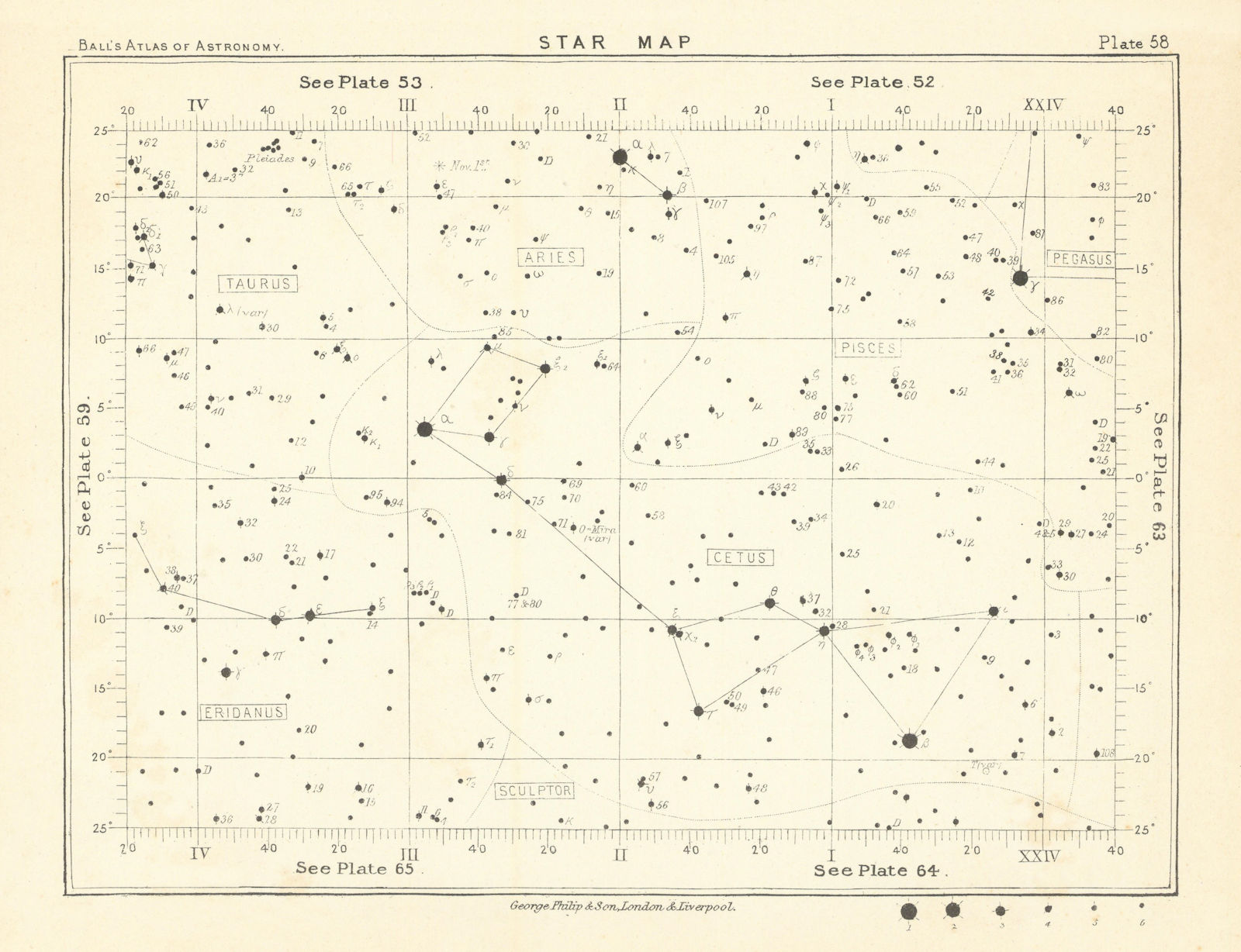 Star map night sky Aries Cetus Eridanus Pegasus Pisces Sculptor Taurus 1892
