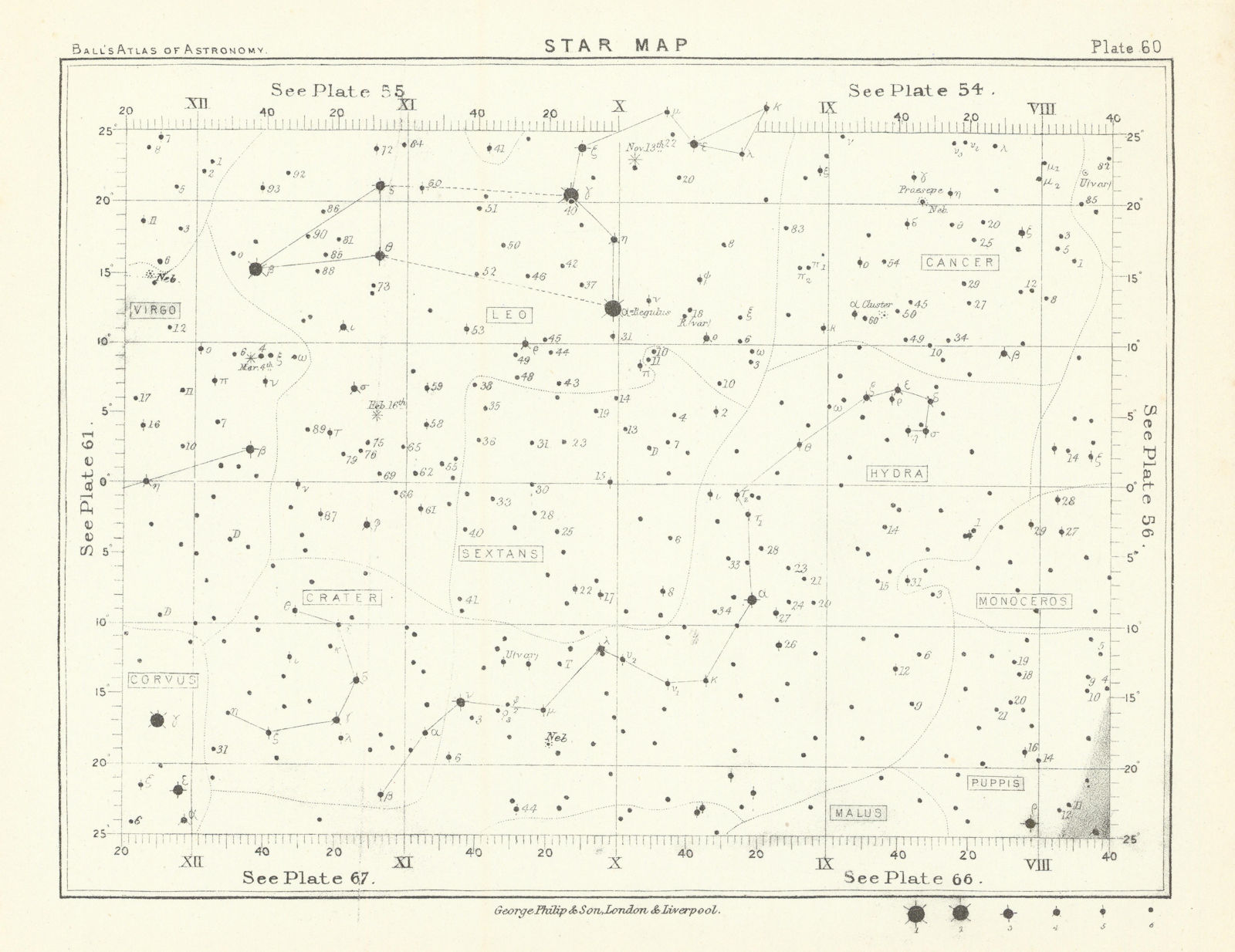 Star map night sky Cancer Corvus Crater Hydra Leo Puppis Sextans Virgo 1892