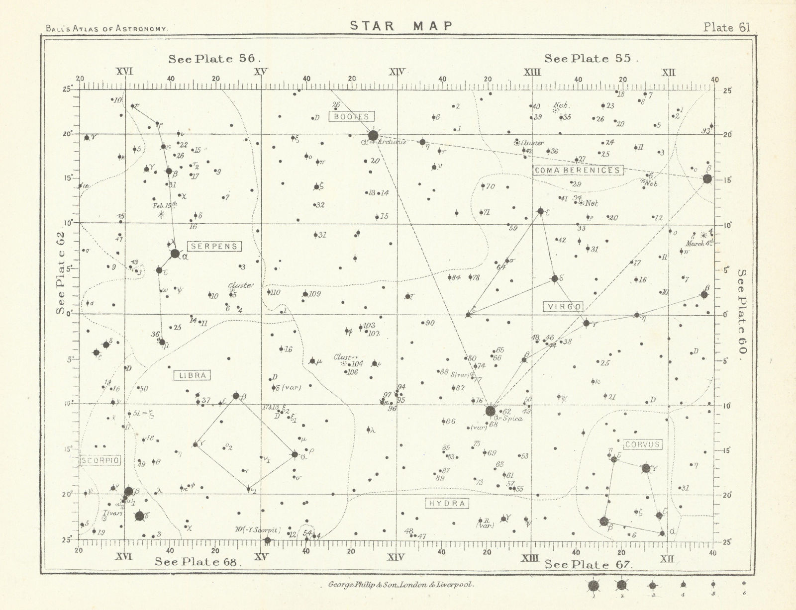 Star map night sky Bootes Corvus Hydra Libra Scorpio Serpens Virgo 1892