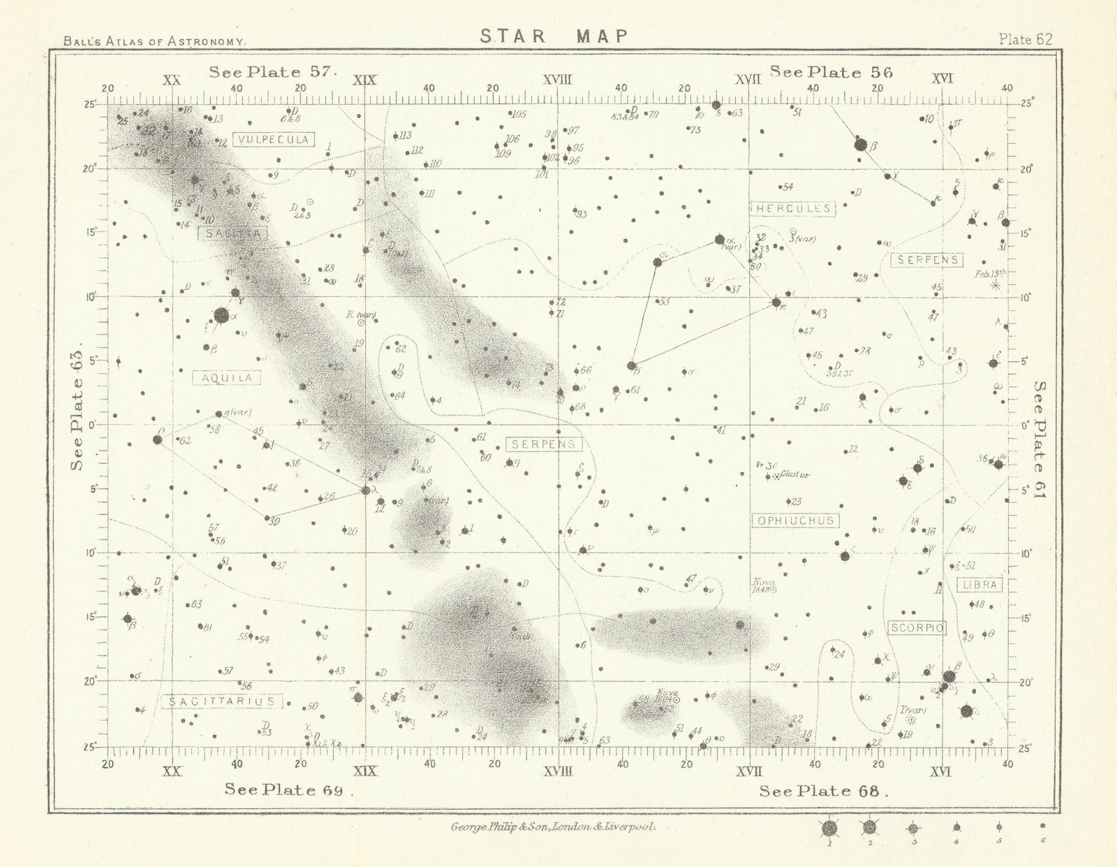 Star map night sky Aquila Hercules Libra Sagittarius Scorpio Serpens 1892