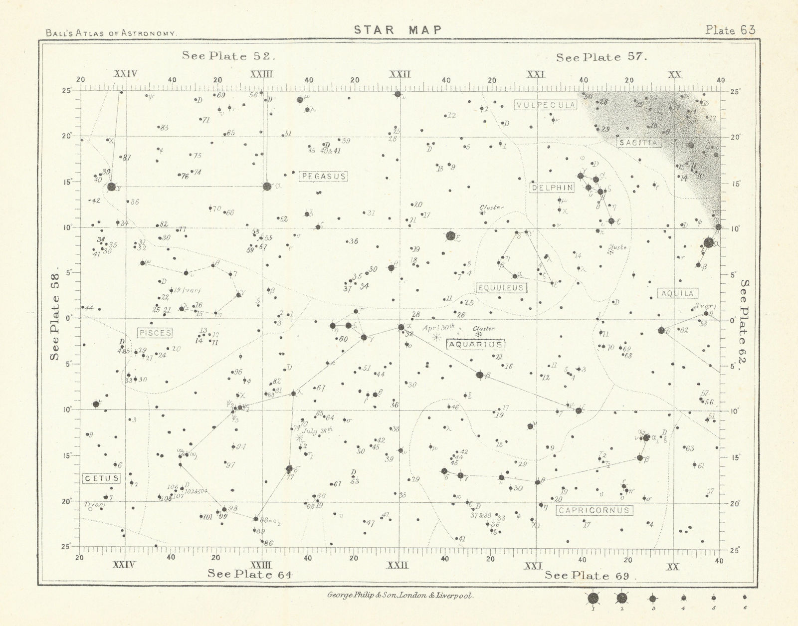 Star map night sky Aquarius Aquila Capricornus Cetus Delphin Pegasus Pisces 1892