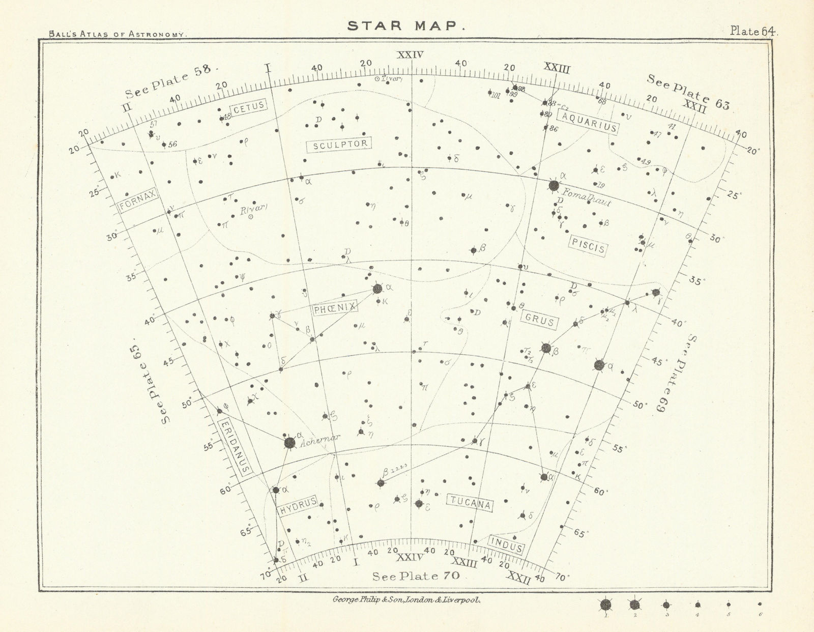 Star map night sky Aquarius Cetus Fornax Grus Indus Phoenix Piscis Sculptor 1892