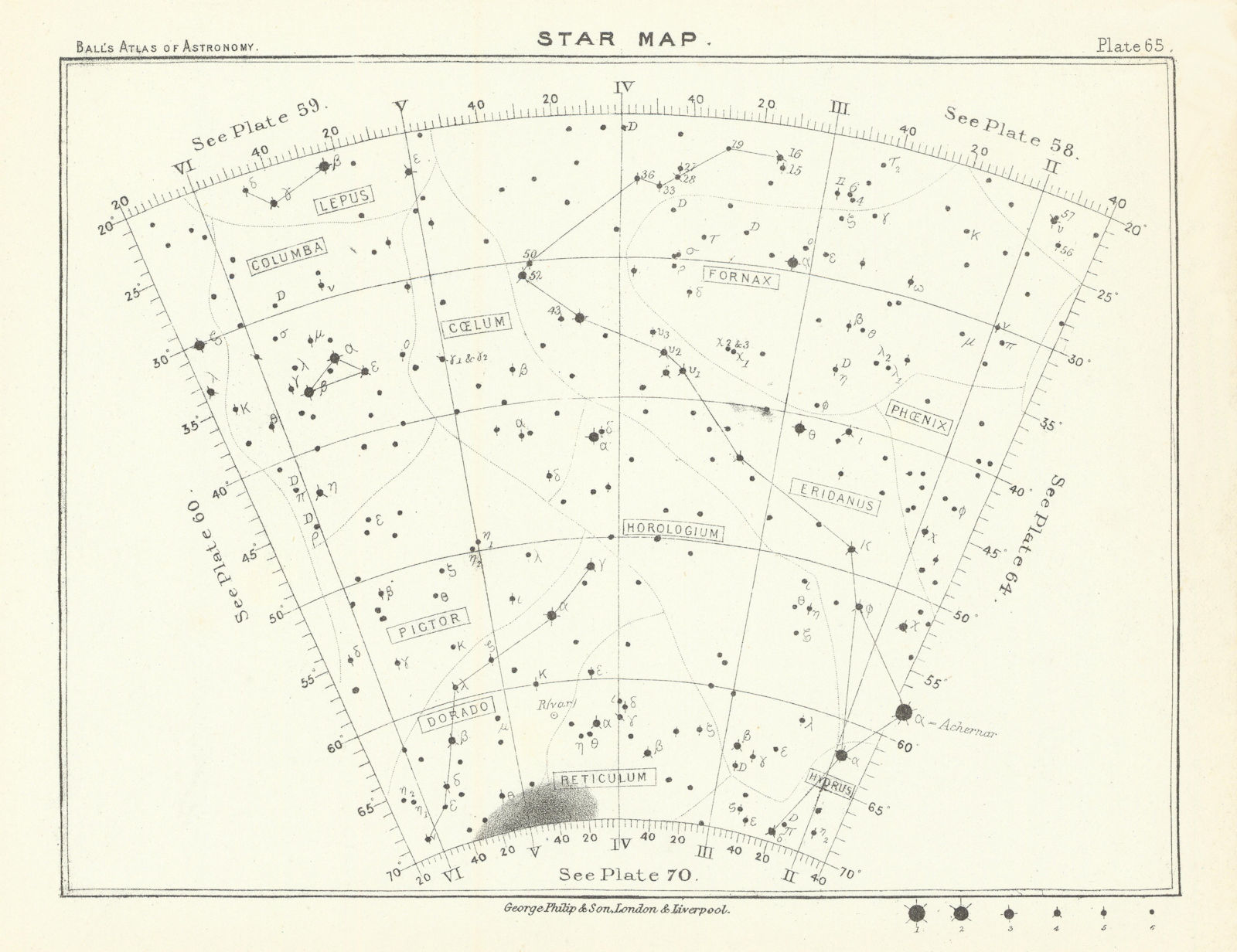 Star map night sky Columba Dorado Eridanus Fornax Hydrus Lepus Phoenix 1892