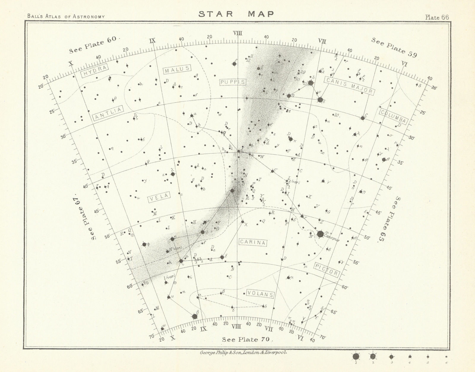 Star map night sky Antlia Canis Carina Columba Hydra Malus Pictor Puppis 1892