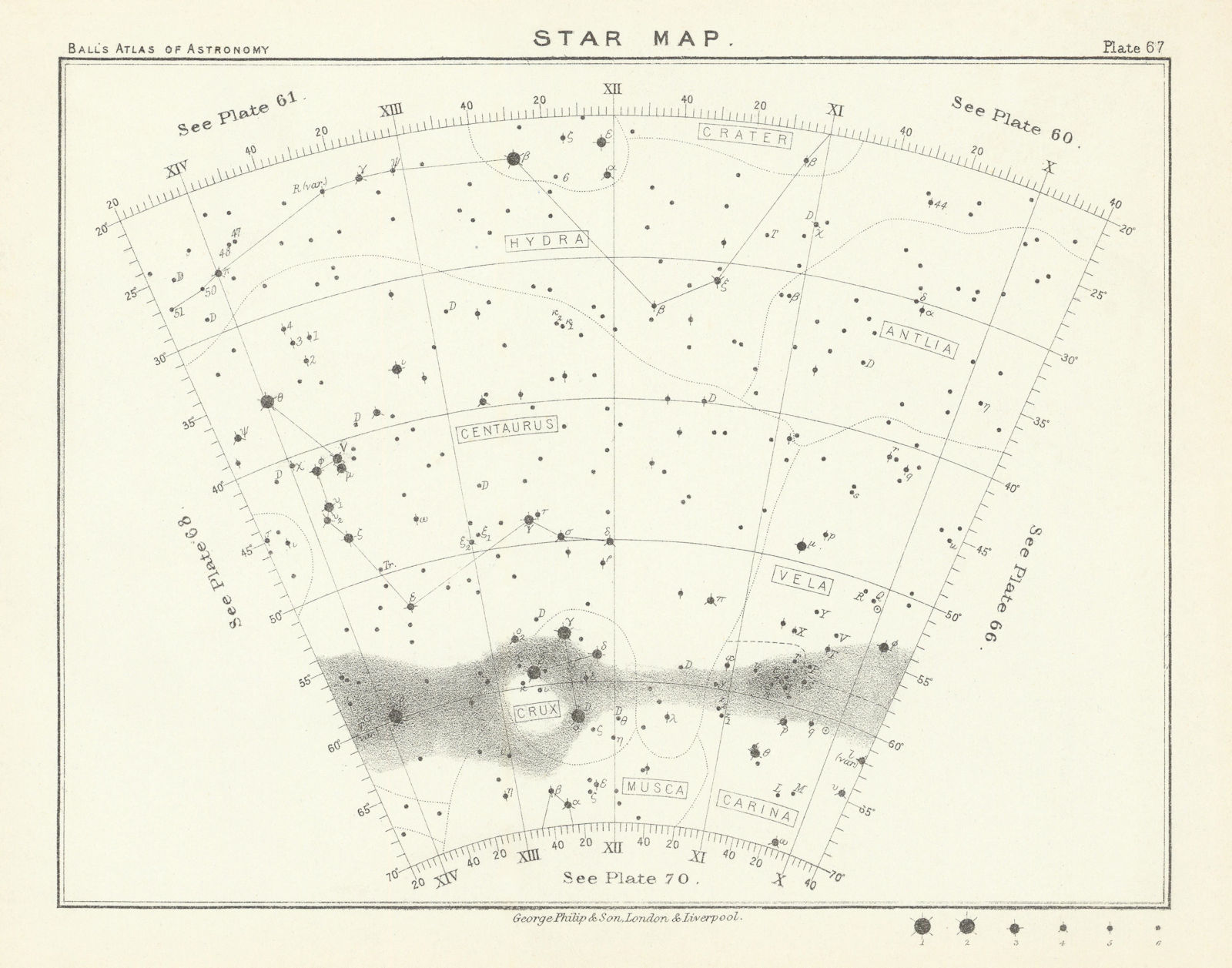 Star map night sky Antlia Carina Crater Crux Hydra Musca Vela 1892 old