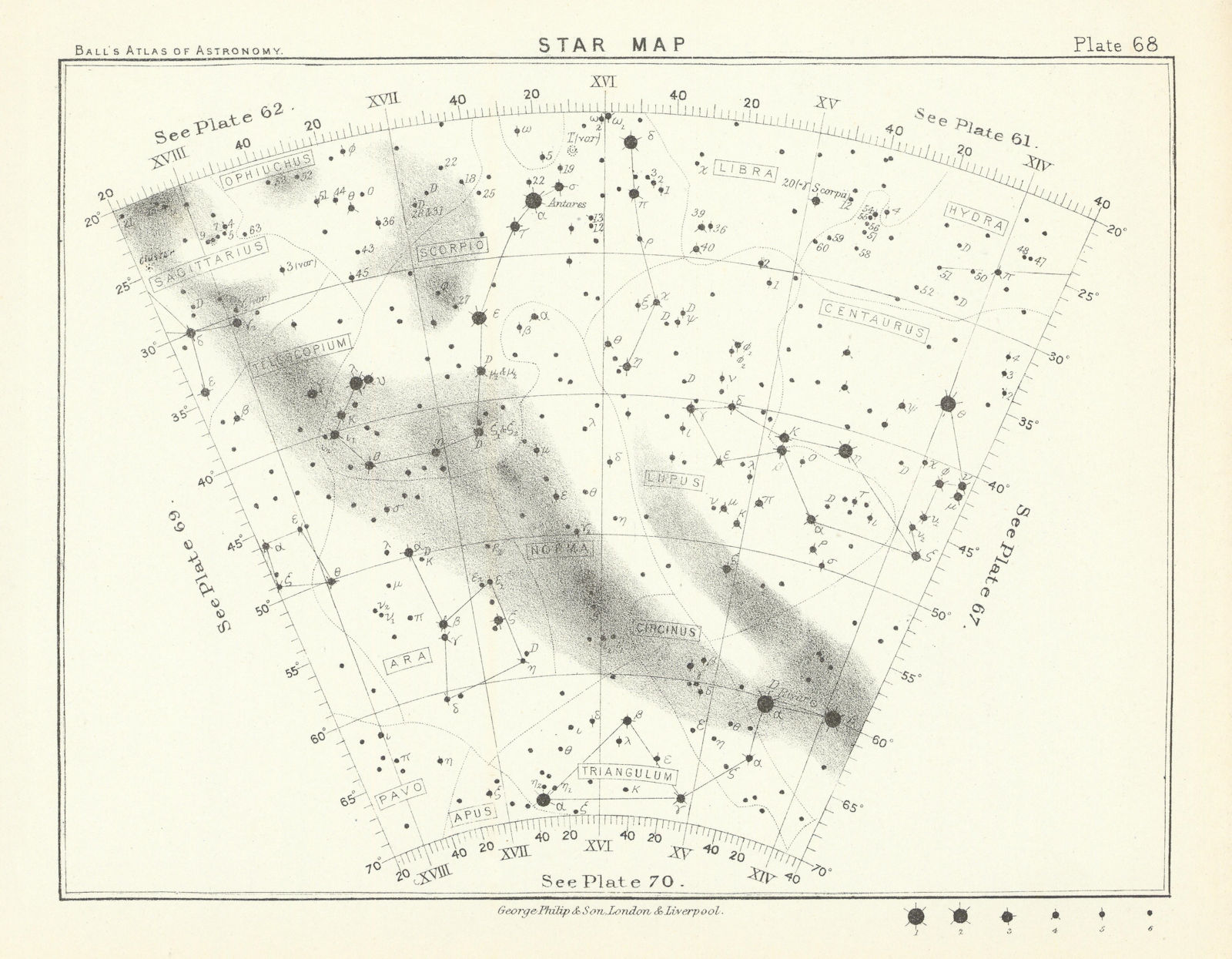 Star map night sky Apus Hydra Libra Lupus Norma Pavo Sagittarius Scorpio 1892
