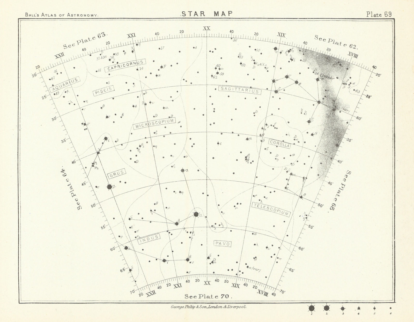 Star map night sky Aquarius Capricornus Corolla Grus Indus Pavo Sagittarius 1892