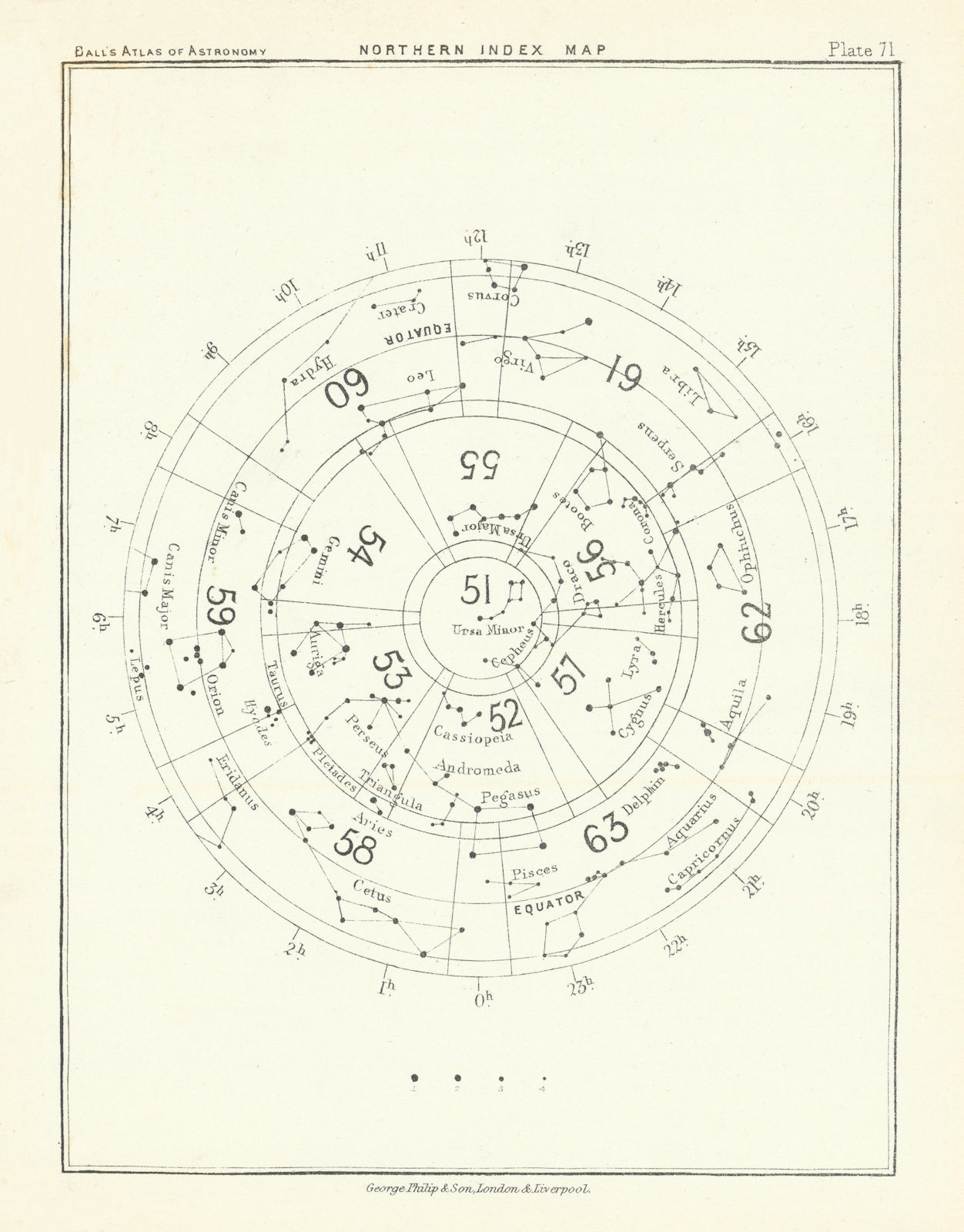 Night Sky Star Chart. Northern Index Map by Robert Ball. Astronomy 1892